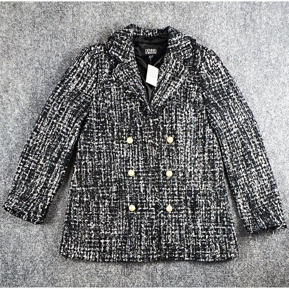 NWT Dennis Basso Fringed Tweed Bouclé Blazer Pearl Button Jacket Black Blue 10